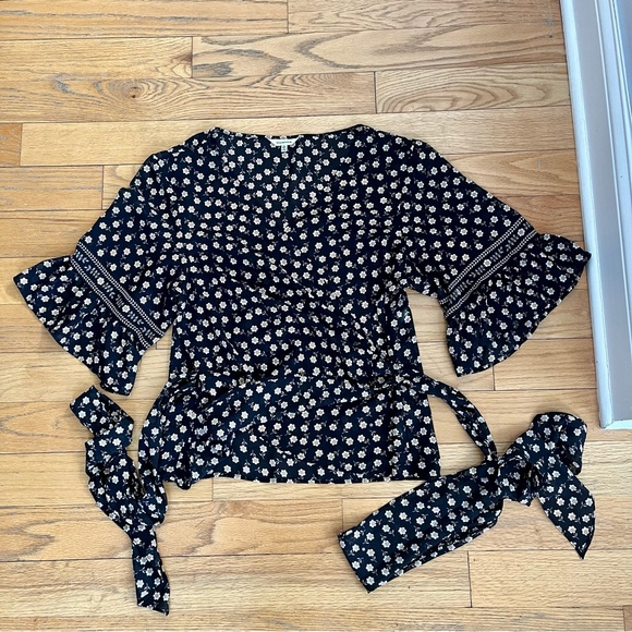 Max Studio Black Floral Tie Front Top - Picture 5 of 5